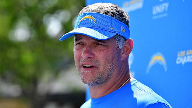 Jul 28, 2022; Costa Mesa, CA, USA; Los Angeles Chargers offensive coordinator Joe Lombardi speaks following training camp activities at Jack Hammett Sports Complex. Mandatory Credit: Gary A. Vasquez-USA TODAY Sports